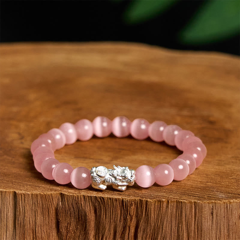 Buddha Stones Natural Cat's Eye Beads 990 Sterling Silver Pixiu Positive Bracelet - Pink Cat's Eye-(Wrist Circumference 14-16cm) - image 8
