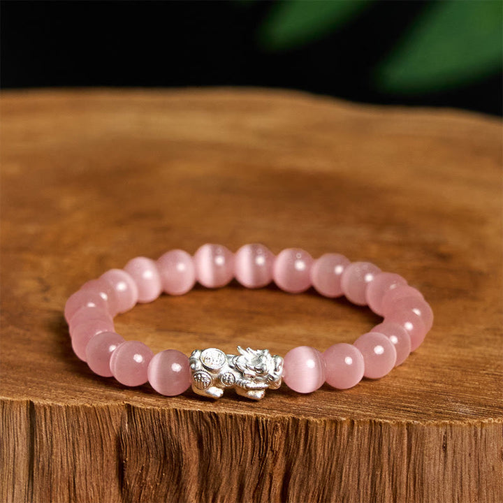 Buddha Stones Natural Cat's Eye Beads 990 Sterling Silver Pixiu Positive Bracelet - Pink Cat's Eye-(Wrist Circumference 14-16cm) - image 8