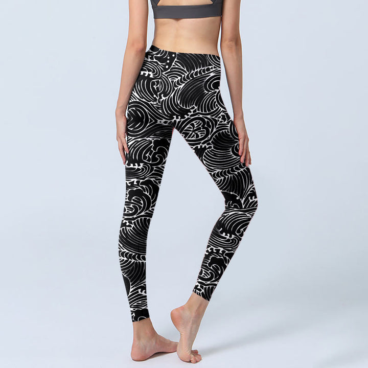Buddha Stones White Line Waves Pattern Print Gym Leggings Women's Yoga Pants - image 3