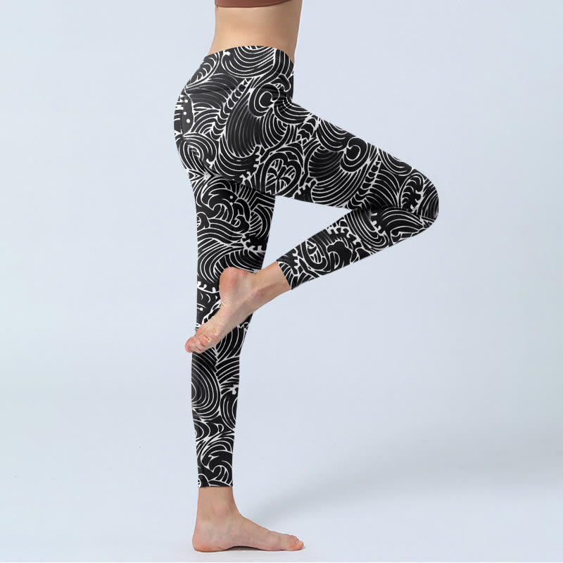 Buddha Stones White Line Waves Pattern Print Gym Leggings Women's Yoga Pants - image 4