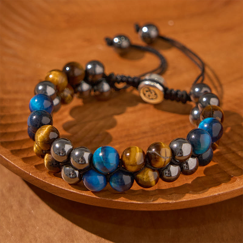 Buddha Stones Natural Blue Tiger Eye Black Magnetite Om Pattern Double Row Beads Strength Bracelet - image 2