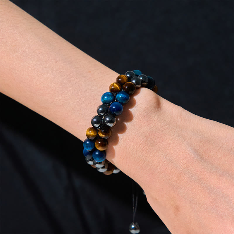 Buddha Stones Natural Blue Tiger Eye Black Magnetite Om Pattern Double Row Beads Strength Bracelet - image 14