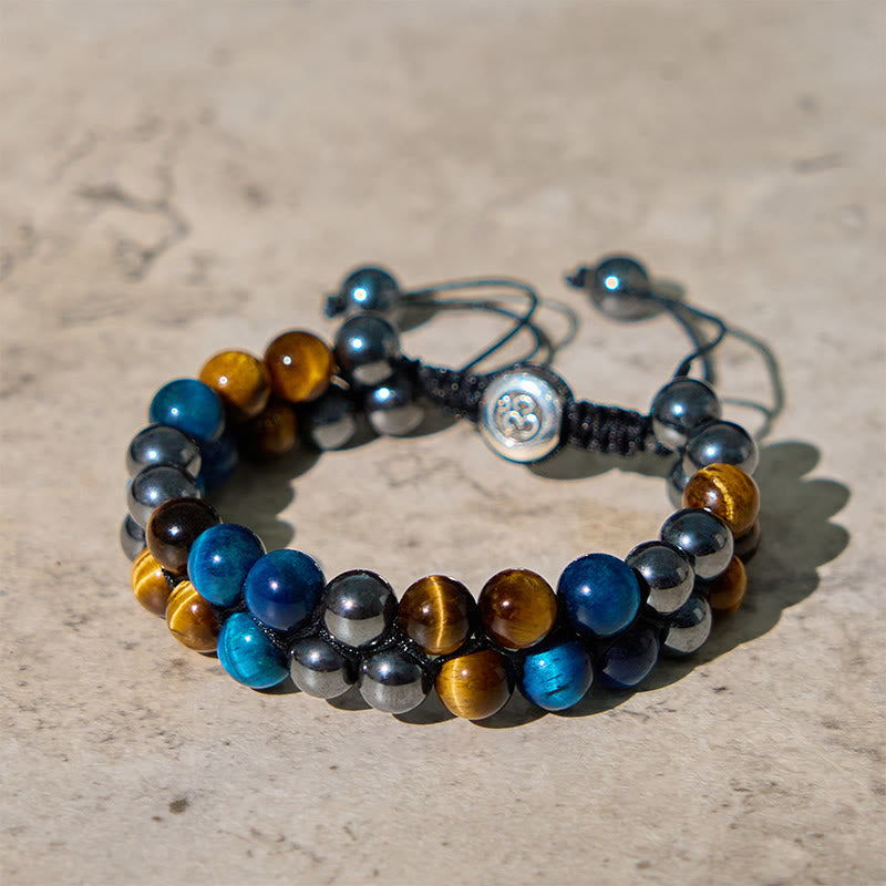 Buddha Stones Natural Blue Tiger Eye Black Magnetite Om Pattern Double Row Beads Strength Bracelet - Blue Tiger Eye&Black Magnetite (Wrist Circumference: 16-24cm) - image 0