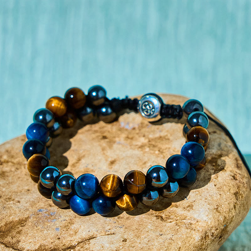 Buddha Stones Natural Blue Tiger Eye Black Magnetite Om Pattern Double Row Beads Strength Bracelet - image 3