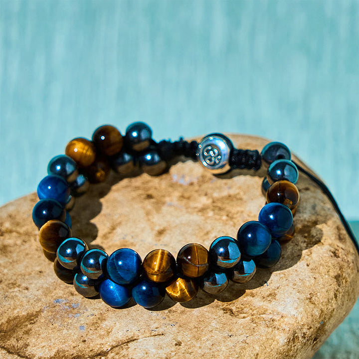 Buddha Stones Natural Blue Tiger Eye Black Magnetite Om Pattern Double Row Beads Strength Bracelet - image 3