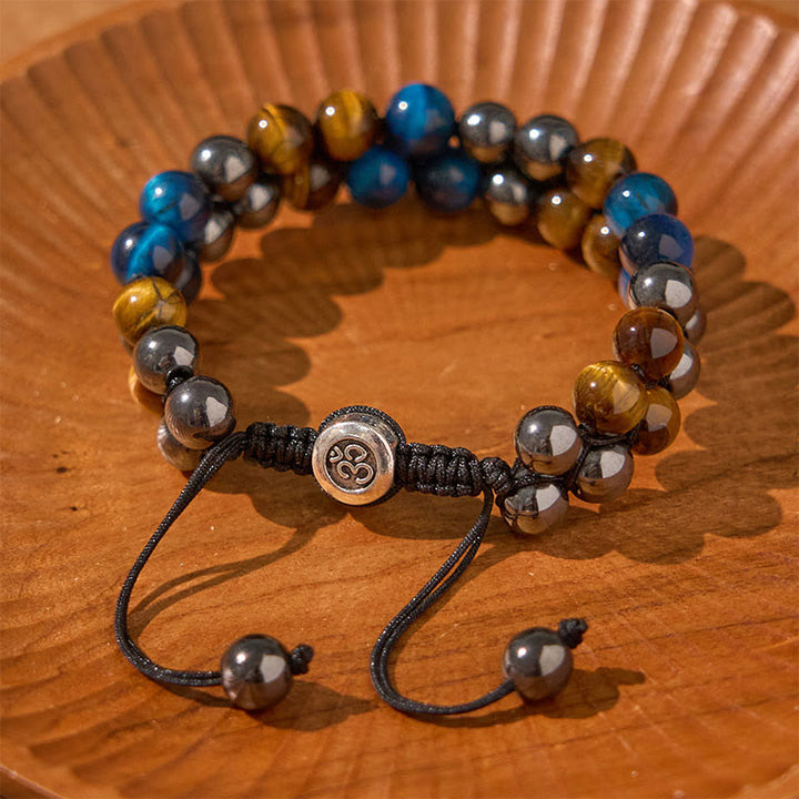 Buddha Stones Natural Blue Tiger Eye Black Magnetite Om Pattern Double Row Beads Strength Bracelet - image 12