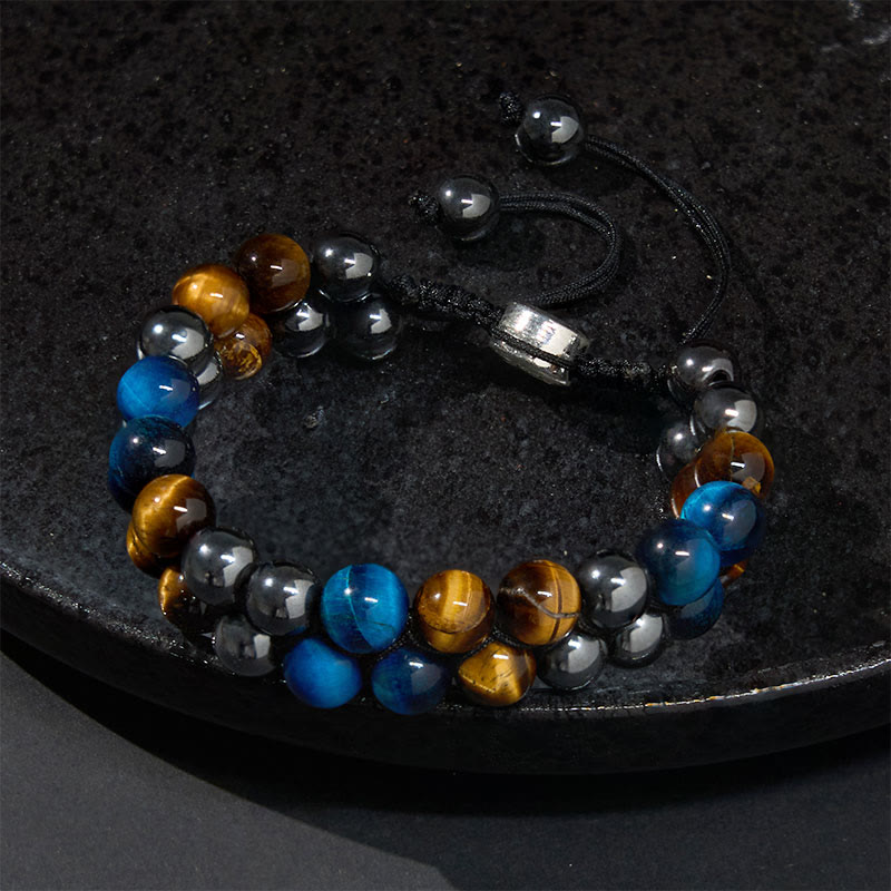 Buddha Stones Natural Blue Tiger Eye Black Magnetite Om Pattern Double Row Beads Strength Bracelet - image 10