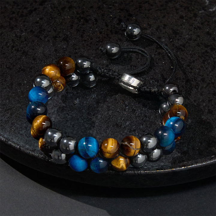 Buddha Stones Natural Blue Tiger Eye Black Magnetite Om Pattern Double Row Beads Strength Bracelet - image 10