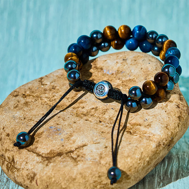 Buddha Stones Natural Blue Tiger Eye Black Magnetite Om Pattern Double Row Beads Strength Bracelet - image 9