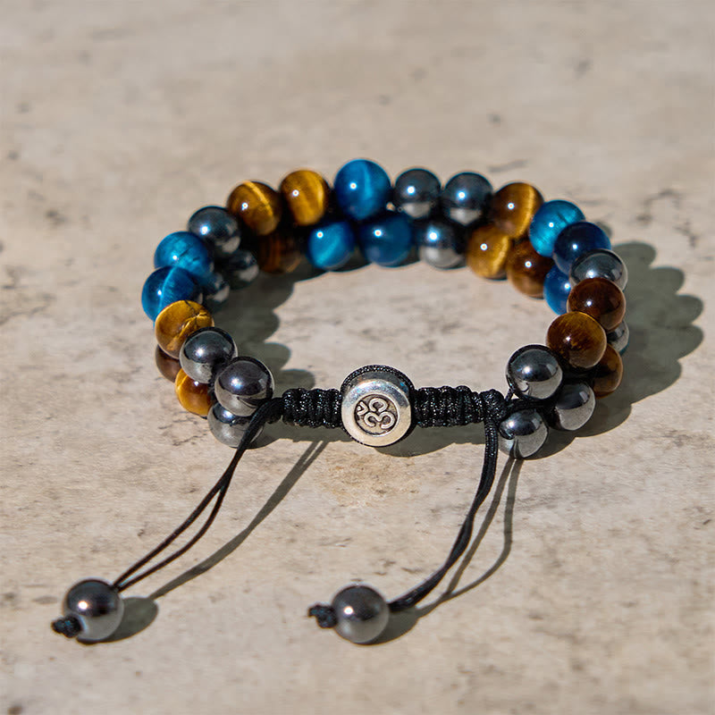 Buddha Stones Natural Blue Tiger Eye Black Magnetite Om Pattern Double Row Beads Strength Bracelet - image 1