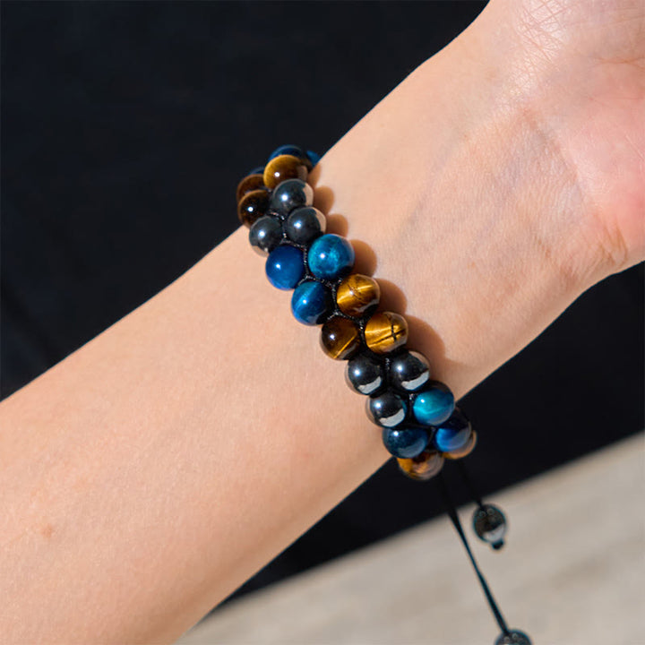Buddha Stones Natural Blue Tiger Eye Black Magnetite Om Pattern Double Row Beads Strength Bracelet - image 4