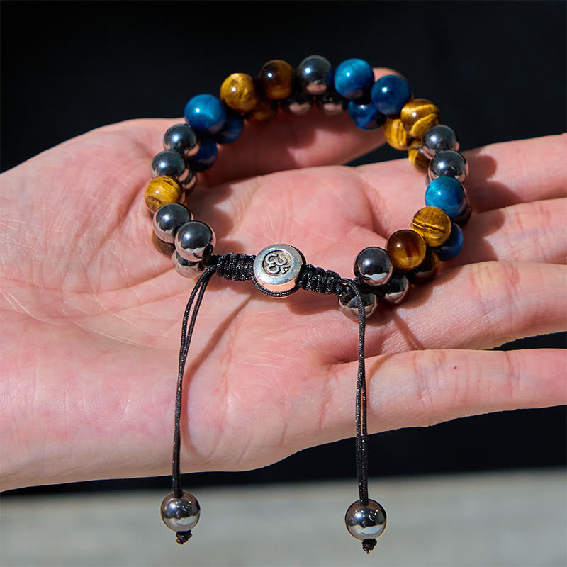 Buddha Stones Natural Blue Tiger Eye Black Magnetite Om Pattern Double Row Beads Strength Bracelet - image 13