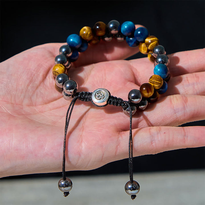 Buddha Stones Natural Blue Tiger Eye Black Magnetite Om Pattern Double Row Beads Strength Bracelet - image 13