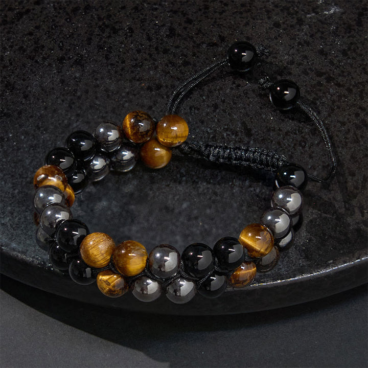 Buddha Stones Natural Tiger Eye Black Magnetite Black Onyx Double Row Beads Protection Bracelet - image 2