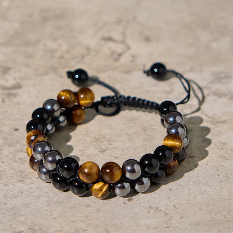 Buddha Stones Natural Tiger Eye Black Magnetite Black Onyx Double Row Beads Protection Bracelet - Tiger Eye&Black Magnetite&Black Onyx (Wrist Circumference: 16-24cm) - image 0