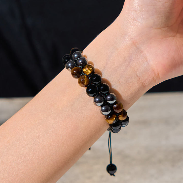 Buddha Stones Natural Tiger Eye Black Magnetite Black Onyx Double Row Beads Protection Bracelet - image 3