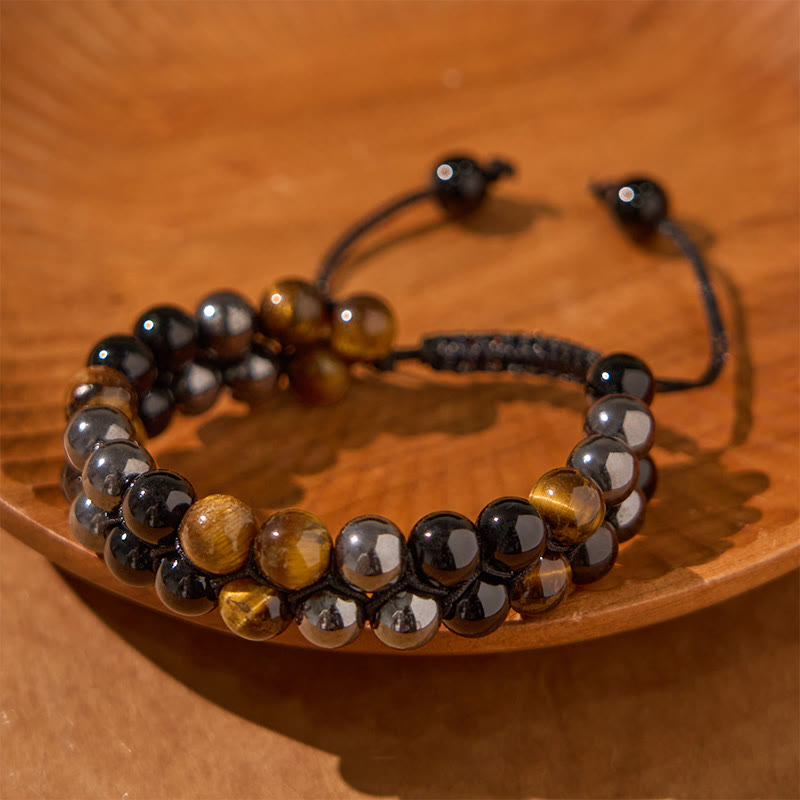 Buddha Stones Natural Tiger Eye Black Magnetite Black Onyx Double Row Beads Protection Bracelet - image 1
