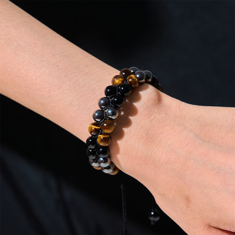Buddha Stones Natural Tiger Eye Black Magnetite Black Onyx Double Row Beads Protection Bracelet - image 4