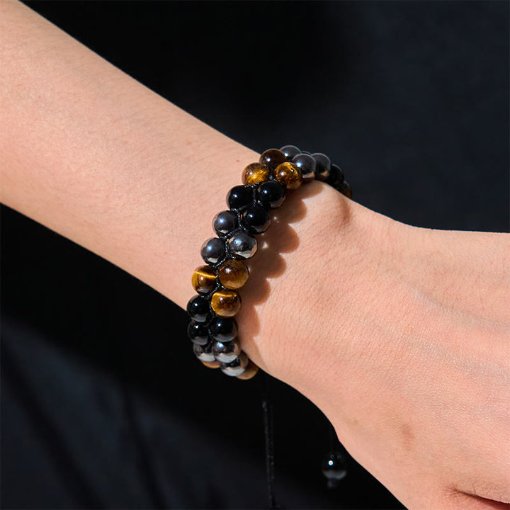 Buddha Stones Natural Tiger Eye Black Magnetite Black Onyx Double Row Beads Protection Bracelet - image 4