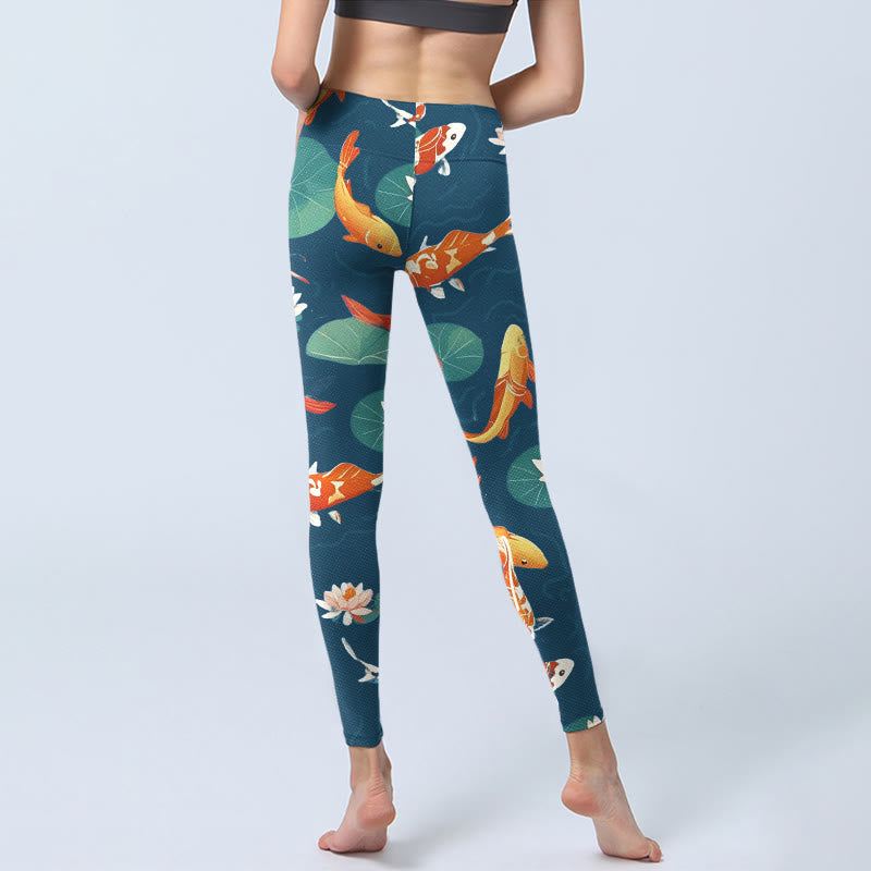 Buddha Stones Koi Fish Lotus Flower Lotus Leaves Pattern Print Gym Leggings Women's Yoga Pants - image 6