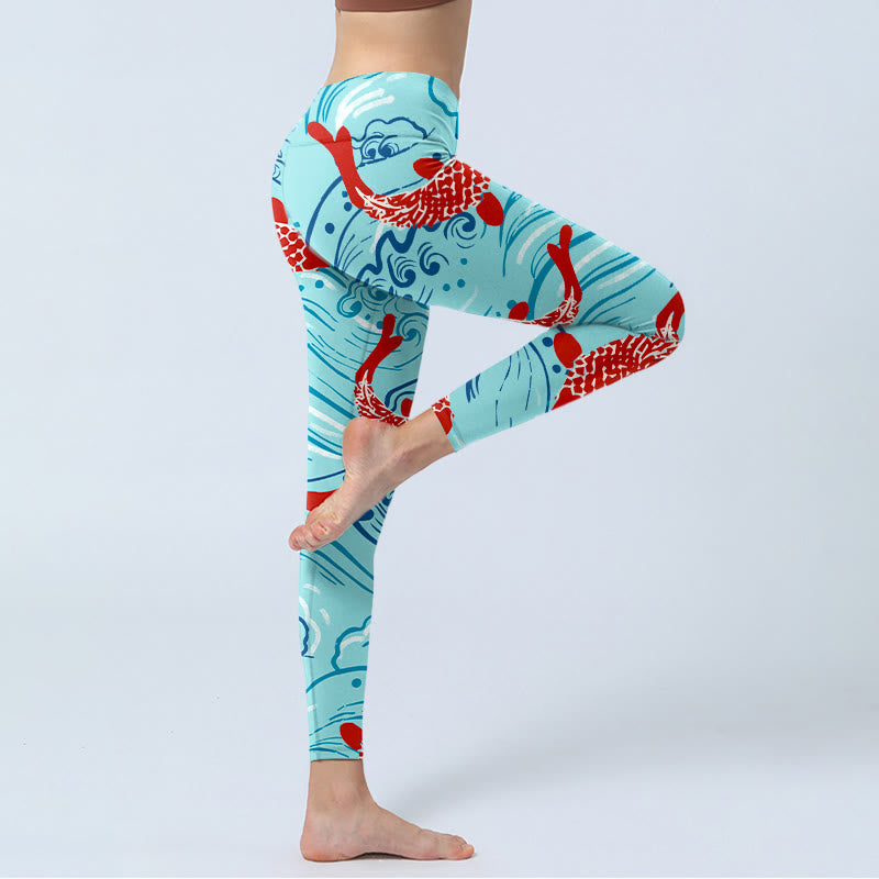 Buddha Stones Koi Fish Wave Pattern Print Gym Leggings Women's Yoga Pants - image 4