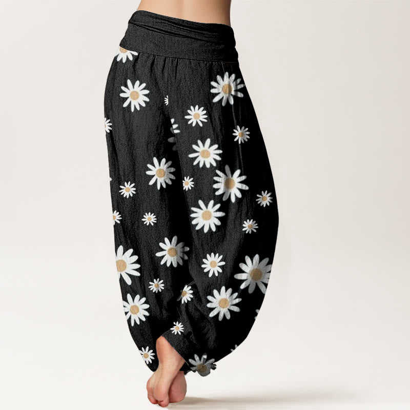 Buddha Stones Casual White Daisy Pattern Women's Elastic Waist Harem Pants - image 1