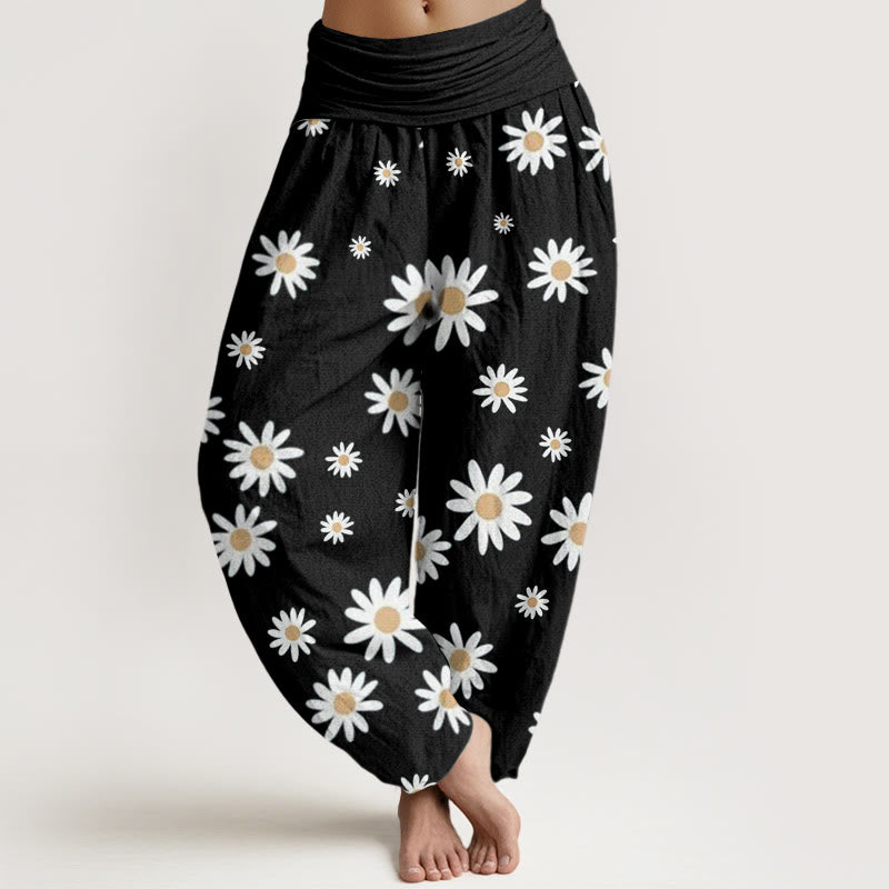 Buddha Stones Casual White Daisy Pattern Women's Elastic Waist Harem Pants - Black - US22，UK/AU26，EU54 (6XL) - image 0