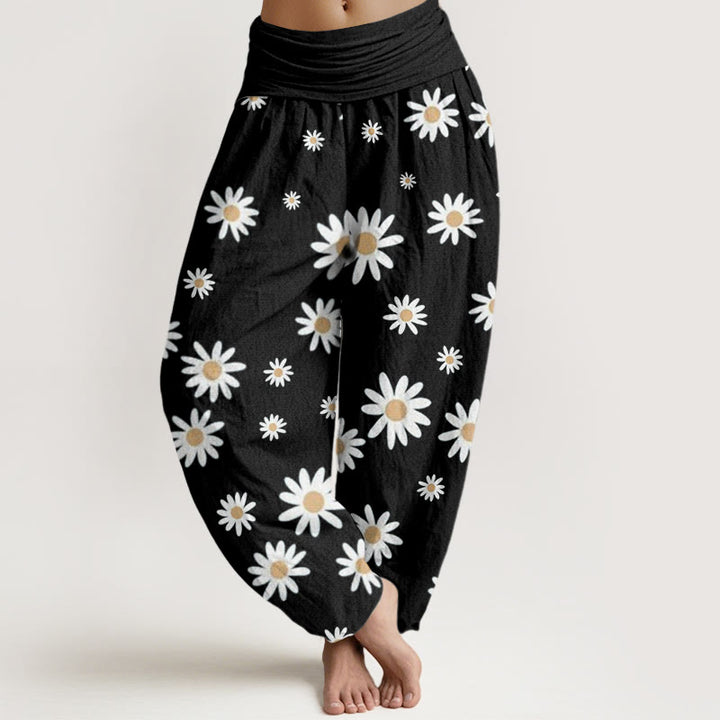 Buddha Stones Casual White Daisy Pattern Women's Elastic Waist Harem Pants - Black - US22，UK/AU26，EU54 (6XL) - image 0