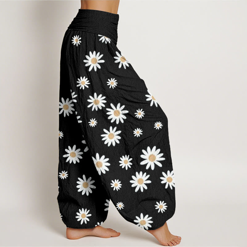 Buddha Stones Casual White Daisy Pattern Women's Elastic Waist Harem Pants - image 2