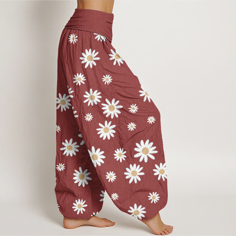 Buddha Stones Casual White Daisy Pattern Women's Elastic Waist Harem Pants - image 6