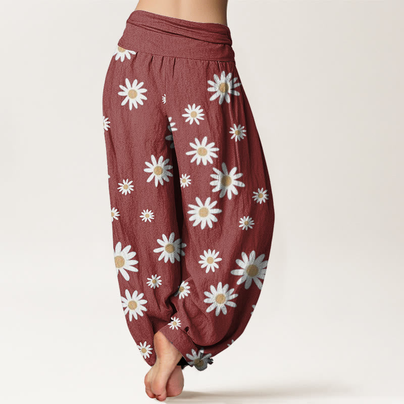 Buddha Stones Casual White Daisy Pattern Women's Elastic Waist Harem Pants - image 5