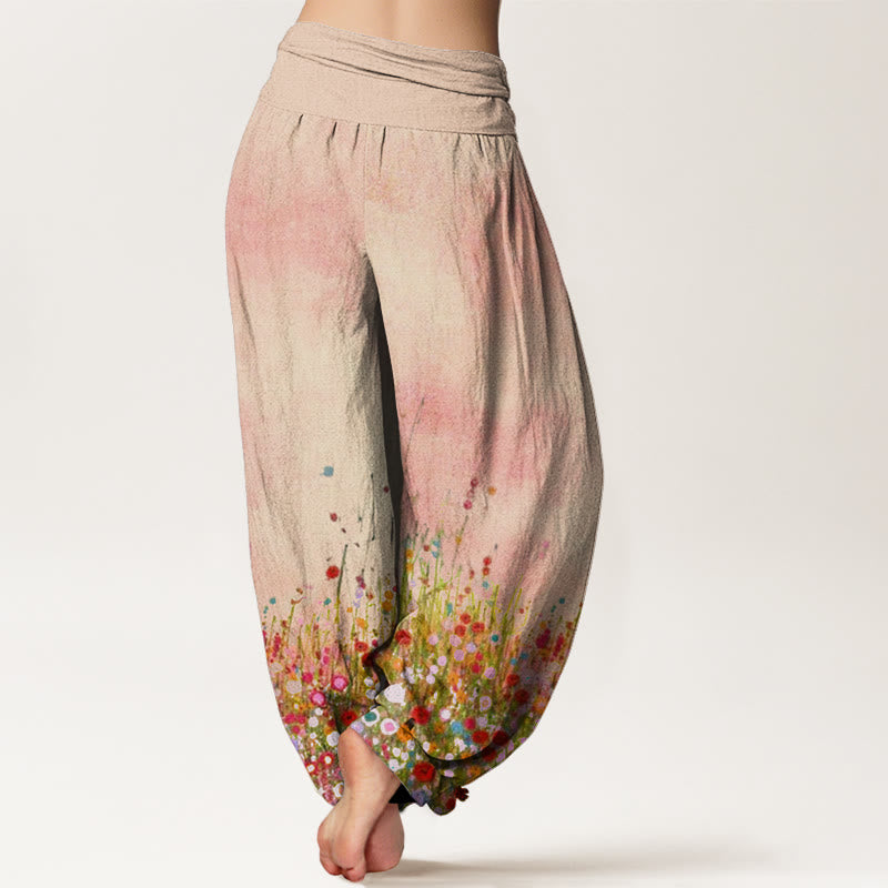 Buddha Stones Casual Colorful Wildflower Field Pattern Women's Elastic Waist Harem Pants - image 1