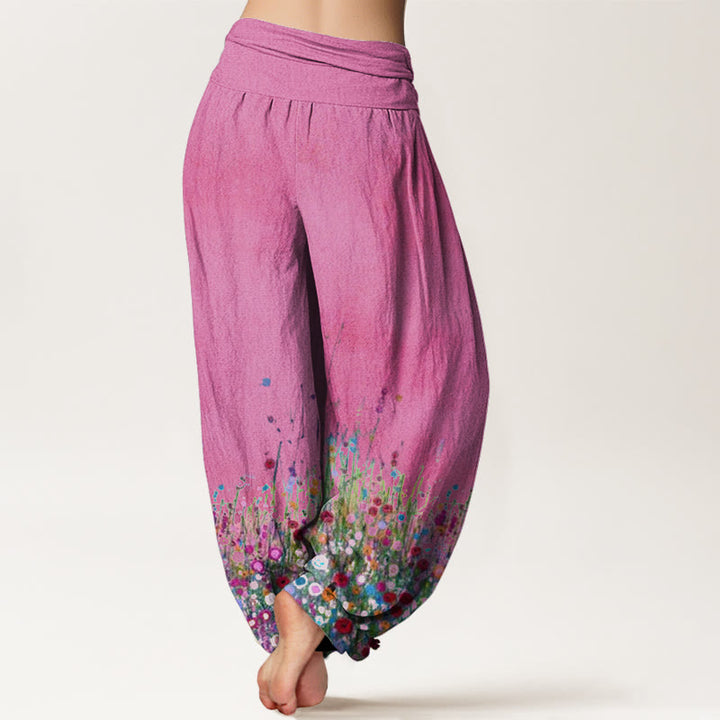 Buddha Stones Casual Colorful Wildflower Field Pattern Women's Elastic Waist Harem Pants - image 8