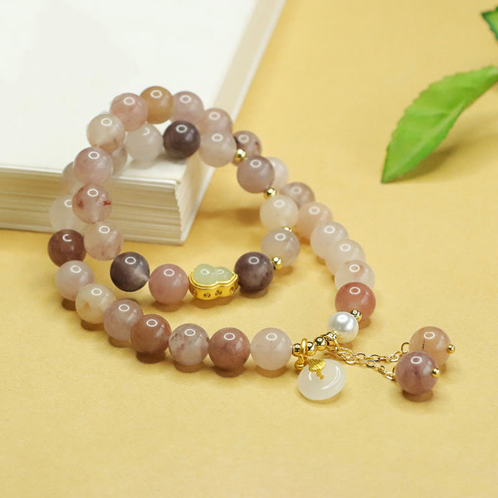 Buddha Stones Natural Golden Silk Jade Double Layer Gourd Peace Buckle Luck Bracelet - image 2