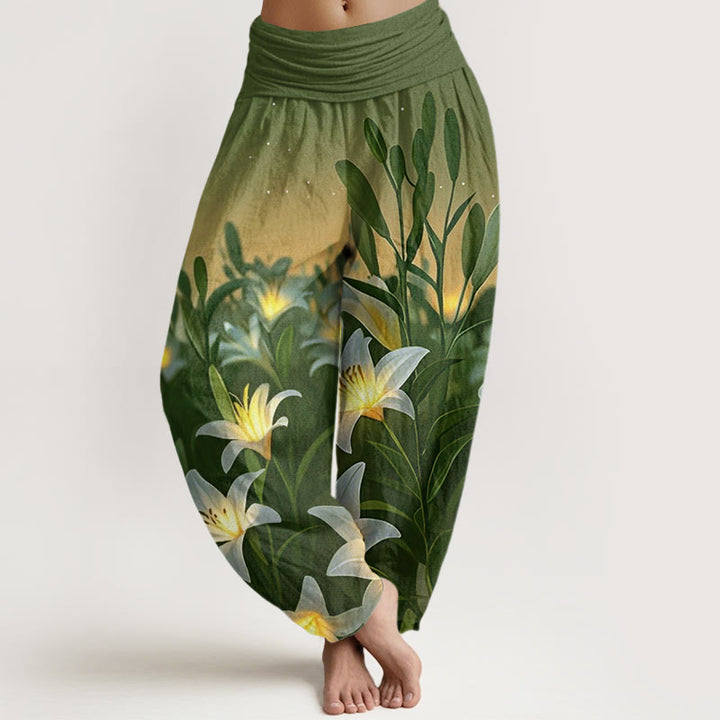 Buddha Stones Casual Lily Pattern Women's Elastic Waist Harem Pants - OliveDrab - US22，UK/AU26，EU54 (6XL) - image 7