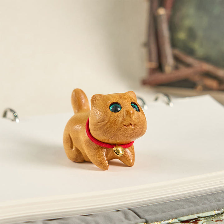 Buddha Stones Mini Sandalwood Carved Lucky Confident Cat Healing Decoration - image 2