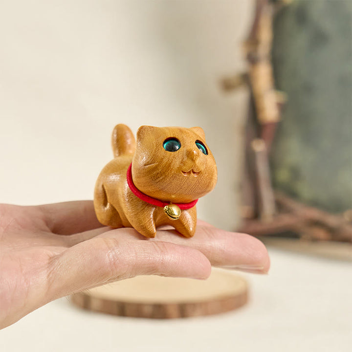 Buddha Stones Mini Sandalwood Carved Lucky Confident Cat Healing Decoration - image 4