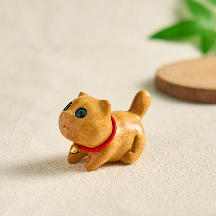 Buddha Stones Mini Sandalwood Carved Lucky Confident Cat Healing Decoration - image 3