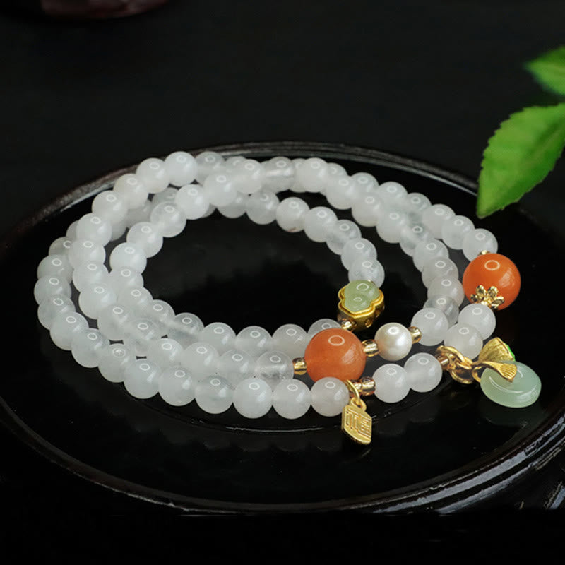 Buddha Stones Natural White Jade Multi-layer Gourd Peace Buckle Fu Character Luck Bracelet - image 5