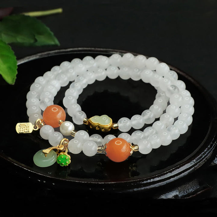 Buddha Stones Natural White Jade Multi-layer Gourd Peace Buckle Fu Character Luck Bracelet - image 2