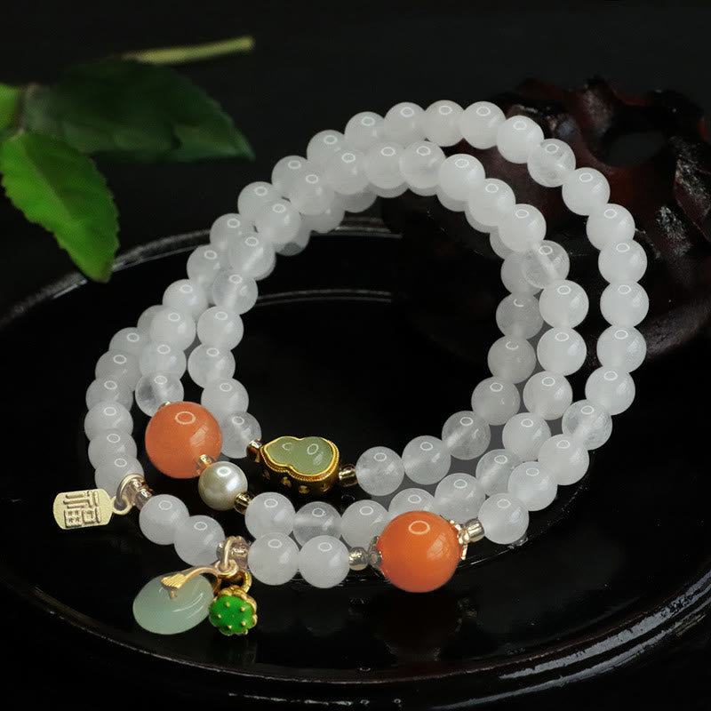 Buddha Stones Natural White Jade Multi-layer Gourd Peace Buckle Fu Character Luck Bracelet - image 3