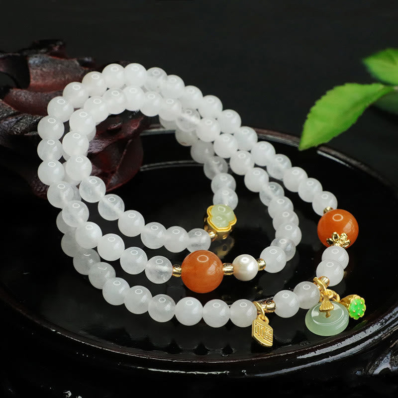 Buddha Stones Natural White Jade Multi-layer Gourd Peace Buckle Fu Character Luck Bracelet - image 4