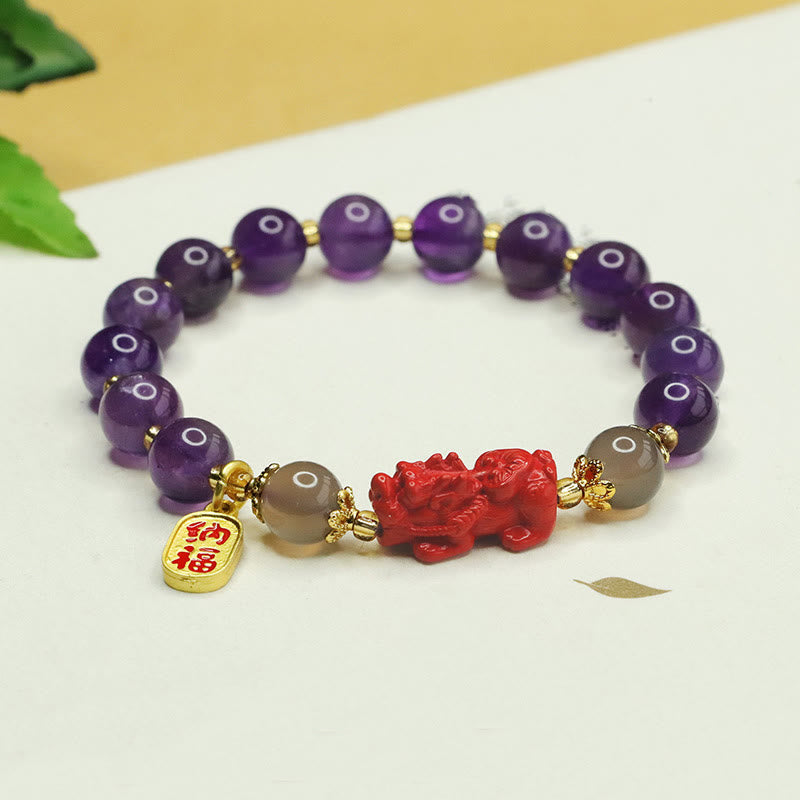 Buddha Stones Natural Amethyst Cinnabar Pi Xiu Fu Character Balance Bracelet - Amethyst(Wrist Circumference 14-16cm) - image 0