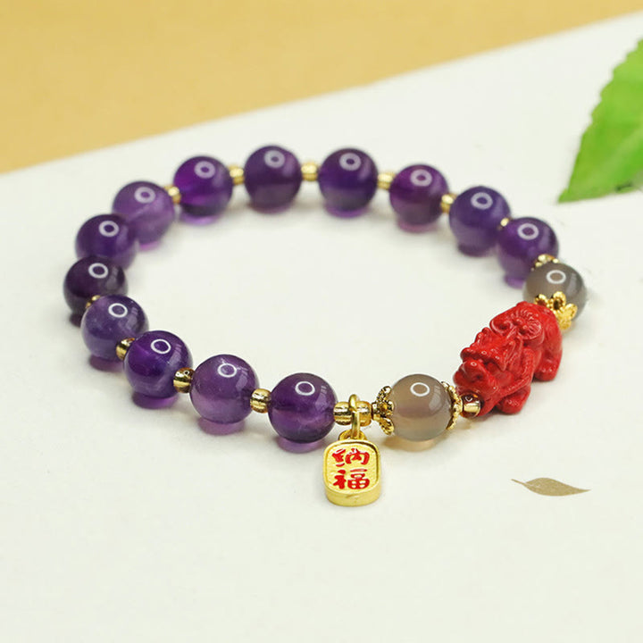 Buddha Stones Natural Amethyst Cinnabar Pi Xiu Fu Character Balance Bracelet - image 5
