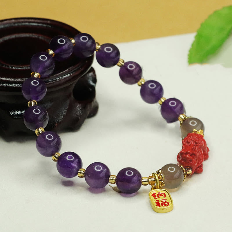 Buddha Stones Natural Amethyst Cinnabar Pi Xiu Fu Character Balance Bracelet - image 2