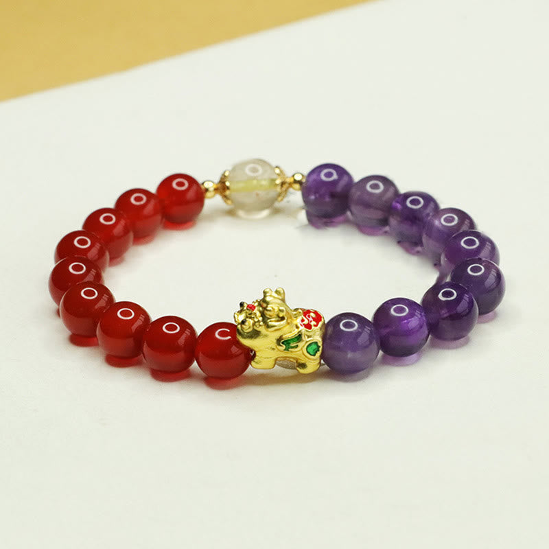 Buddha Stones Natural Amethyst Red Agate Pi Xiu Balance Bracelet - Amethyst & Red Agate (Wrist Circumference 14-16cm) - image 0