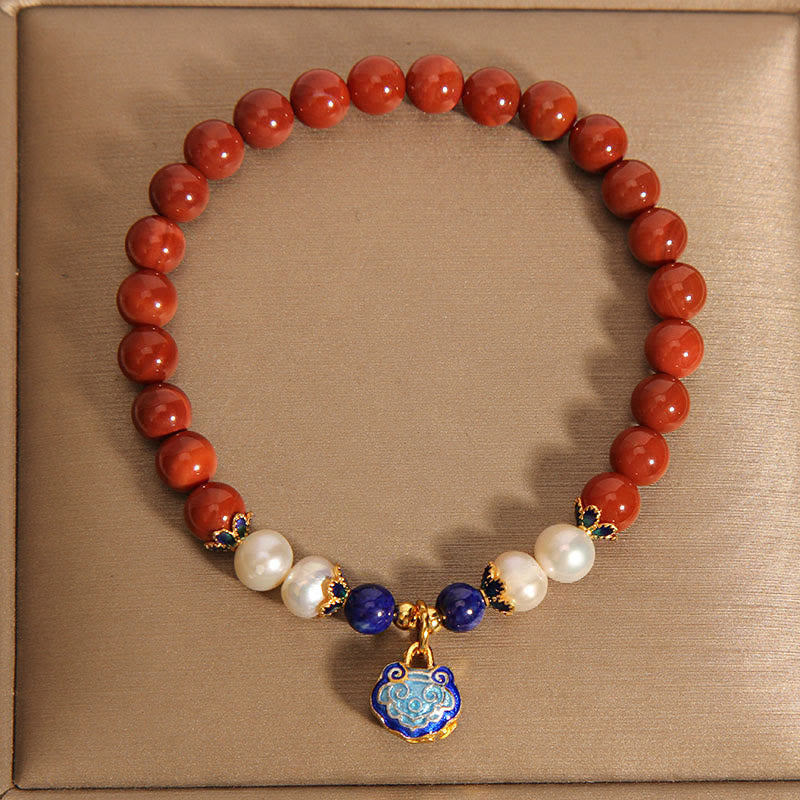 Buddha Stones Natural South Red Agate Pearl Peace Lock Charm Positive Bracelet - image 3