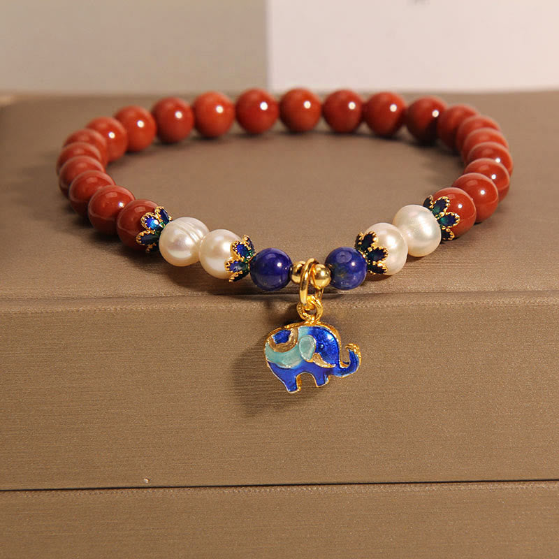 Buddha Stones Natural South Red Agate Pearl Peace Lock Charm Positive Bracelet - South Red Agate Elephant(Wrist Circumference: 18cm) - image 4