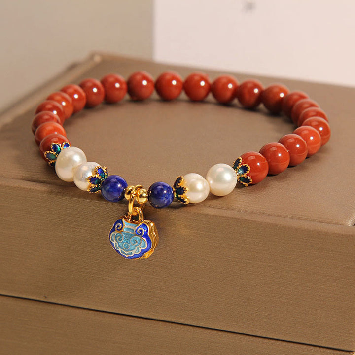 Buddha Stones Natural South Red Agate Pearl Peace Lock Charm Positive Bracelet - image 1