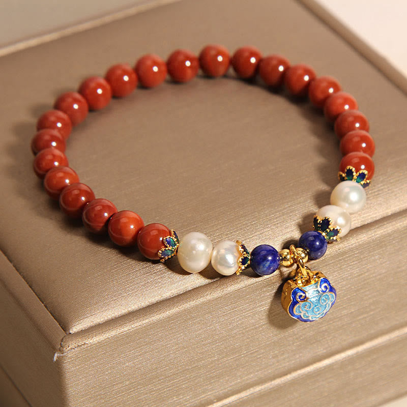 Buddha Stones Natural South Red Agate Pearl Peace Lock Charm Positive Bracelet - image 2